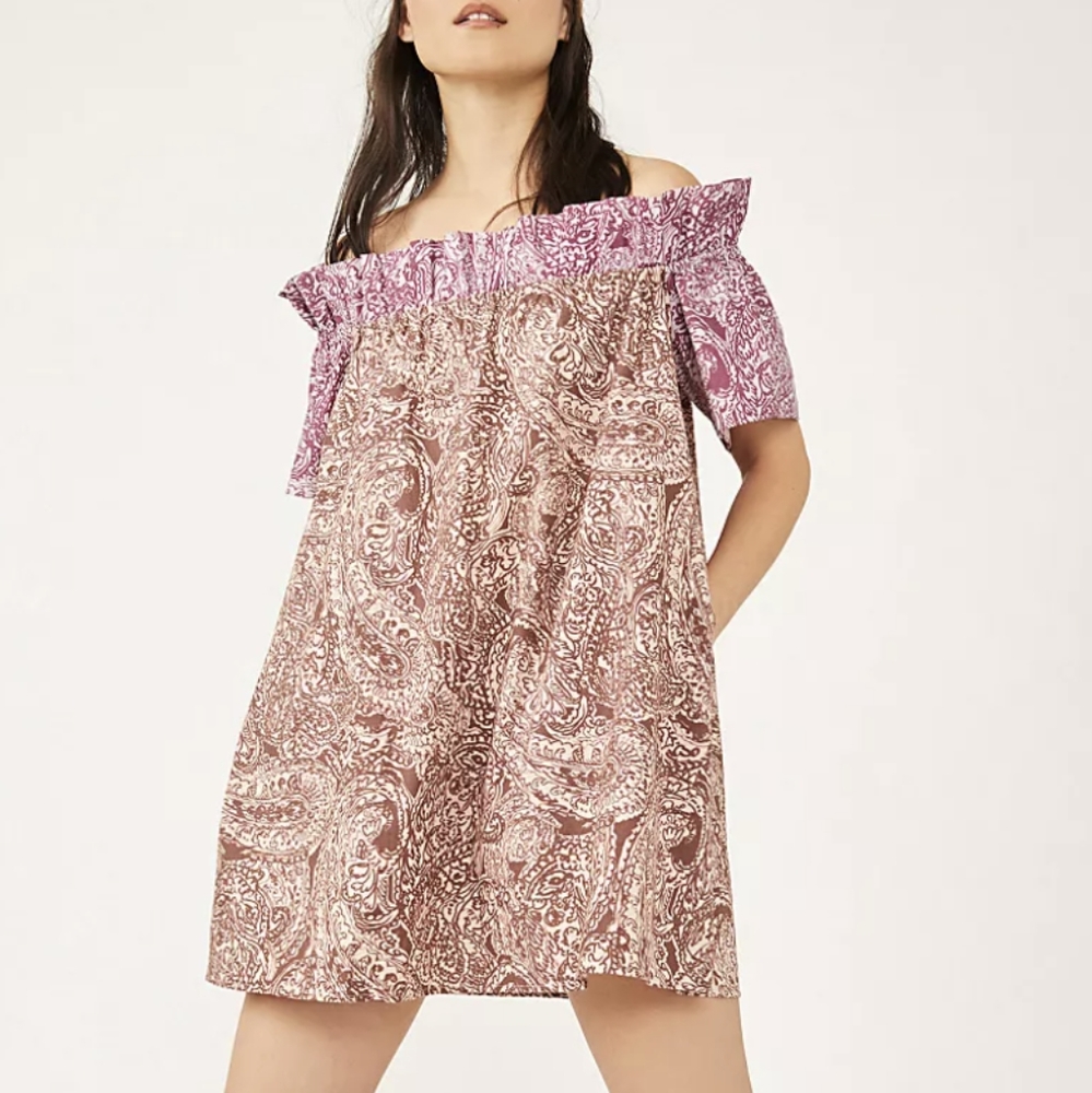NEW Free People Sophie Off Shoulder Printed Babydoll Dress Size Medium